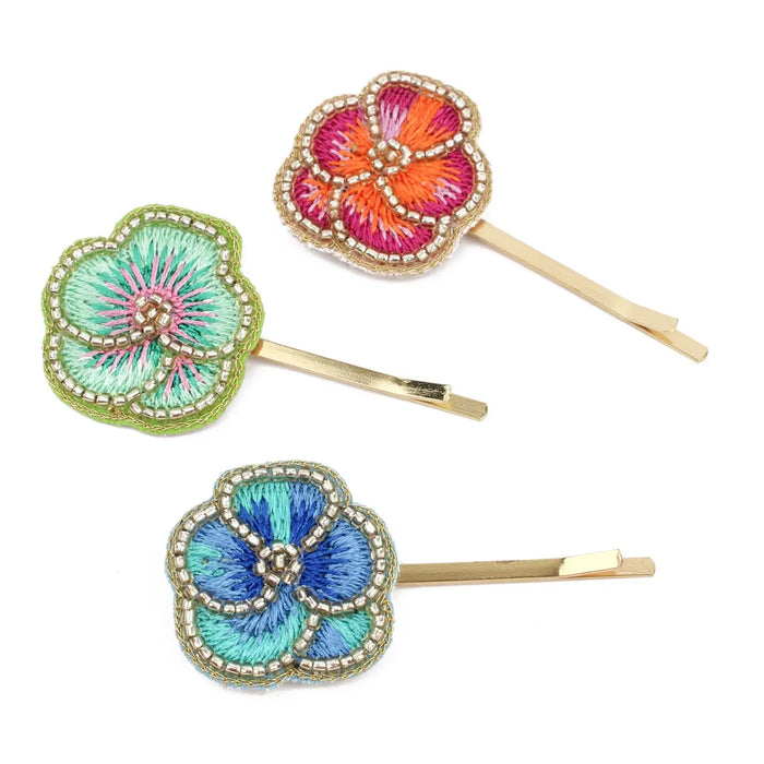 Embroidered Beaded Pansy Hair Clips