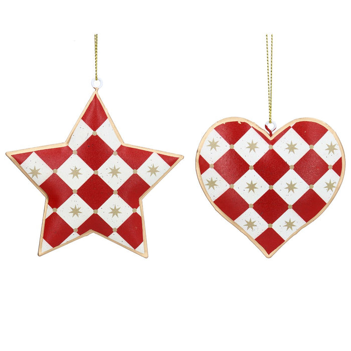 Tin Checked Star & Hearts Hanging Decorations