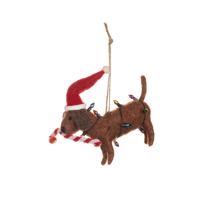 Candy Cane Dog in Lights Felt Hanging Christmas Decoration