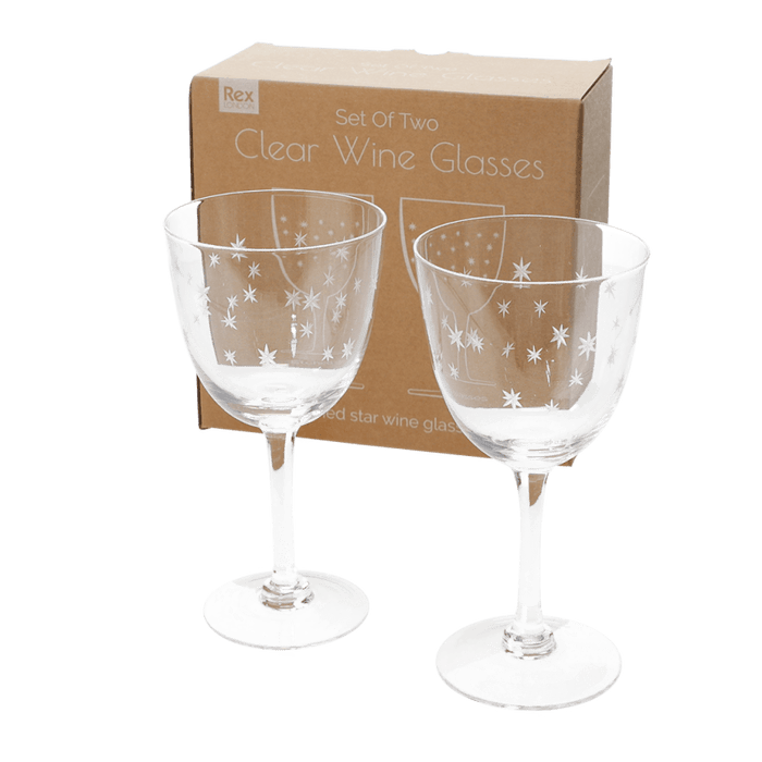 Clear Etched Star Wine Glasses - Boxed Set of 2