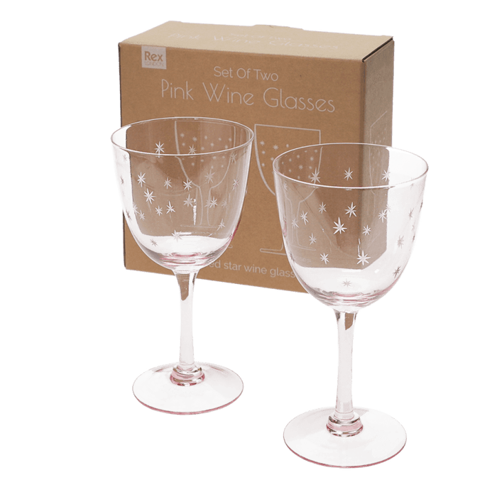 Pink Etched Star Wine Glasses - Boxed Set of 2