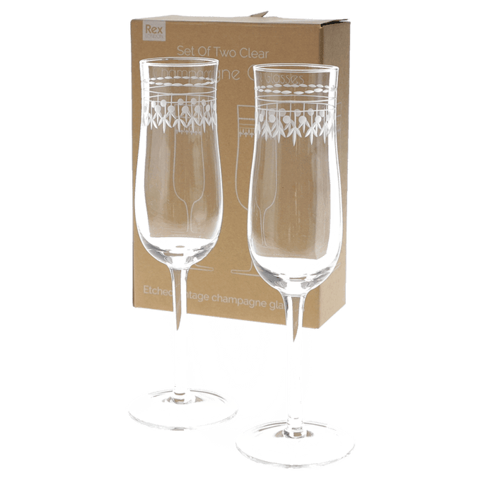Vintage Etched Champagne Glasses - Boxed Set of 2