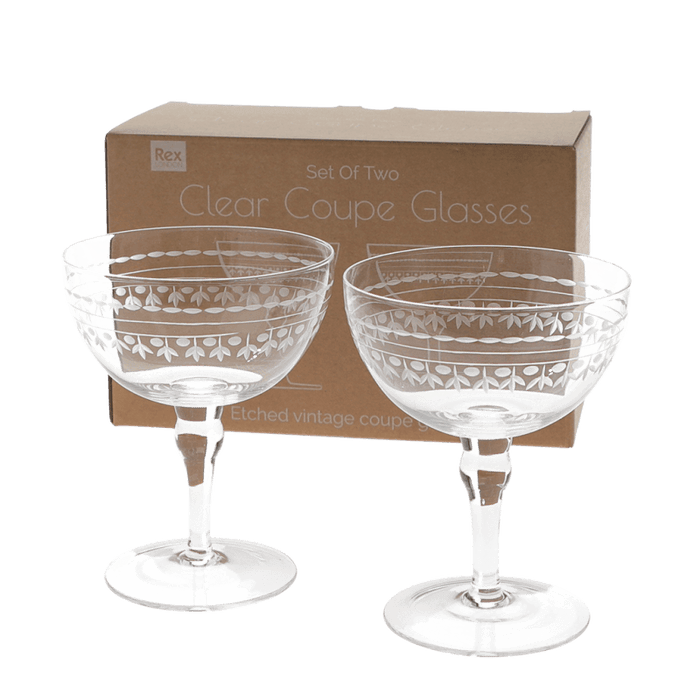 Vintage Etched Coupe Glasses - Boxed Set of 2