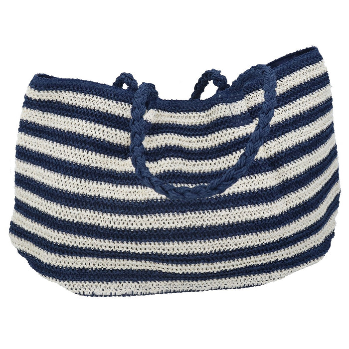 Crochet Navy Striped Oversized Shopper Bag