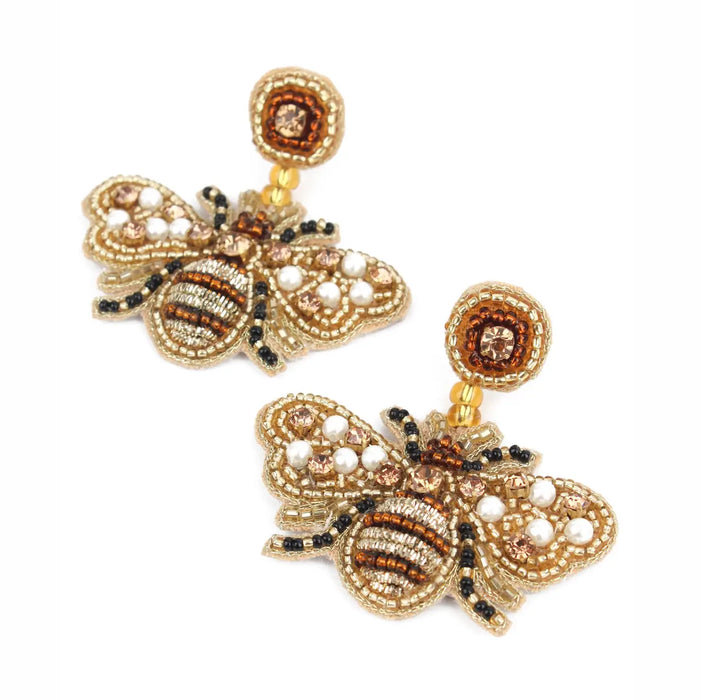Gold Beaded Bee Drop Earrings
