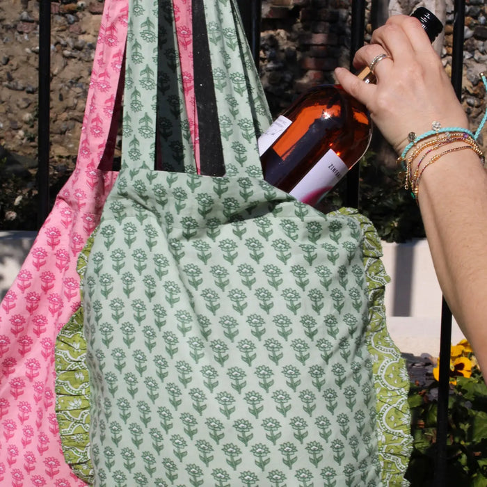 Green Tote Bag with Frill - Pack of Two