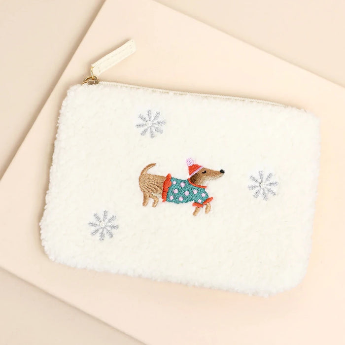 Snowy Sausage Dog Embroidered Coin Pouch
