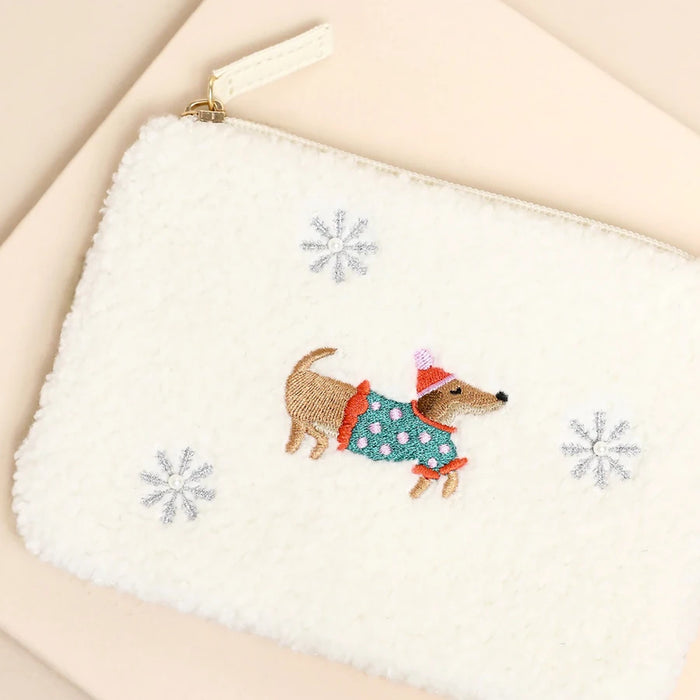 Snowy Sausage Dog Embroidered Coin Pouch