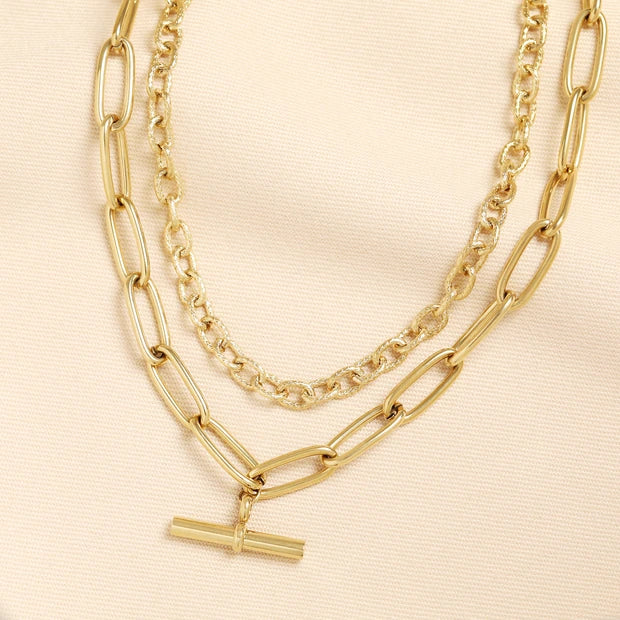 Stainless Steel Double Layer T-Bar Pendant Necklace in Gold