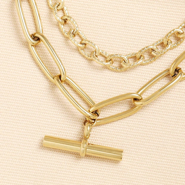 Stainless Steel Double Layer T-Bar Pendant Necklace in Gold