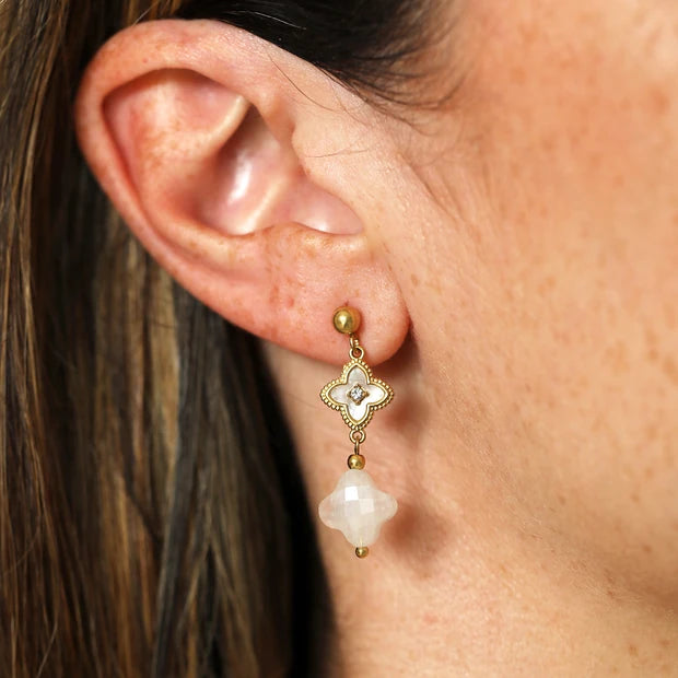 Semi Precious Clover Drop Earrings in Gold