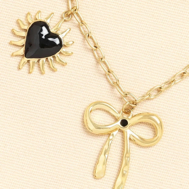 Stainless Steel Chunky Bow and Heart Charm Necklace in Gold