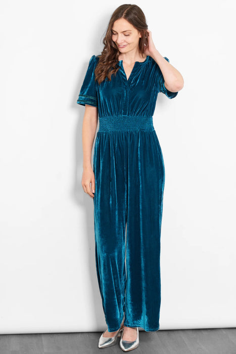 Teal Velvet Wide Leg Jumpsuit