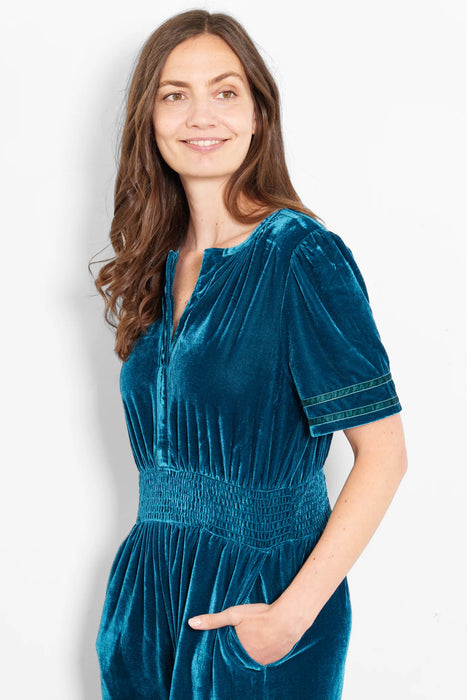 Teal Velvet Wide Leg Jumpsuit