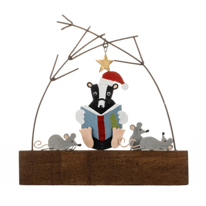Badger Reading to Mice Tin Christmas Block Decoration