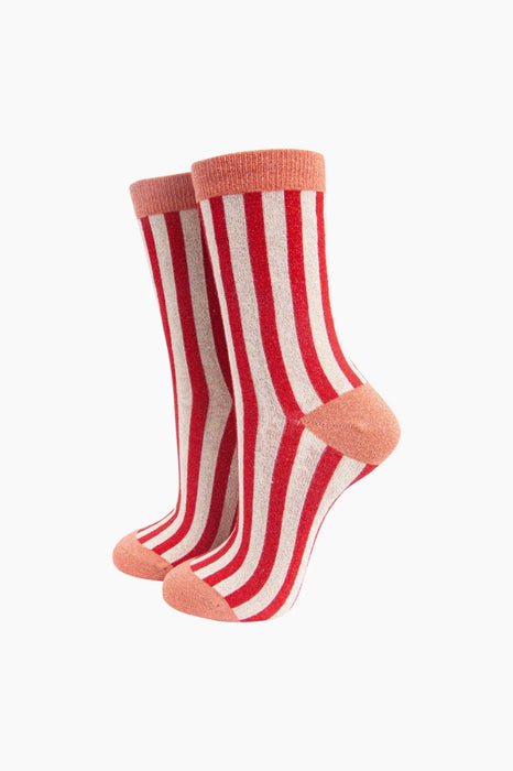 Stripes Combed Cotton Glitter Socks in Red/Orange
