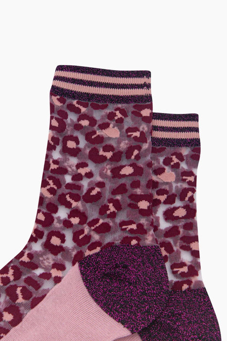Leopard Print Sheer Socks in Burgundy/Soft Pink