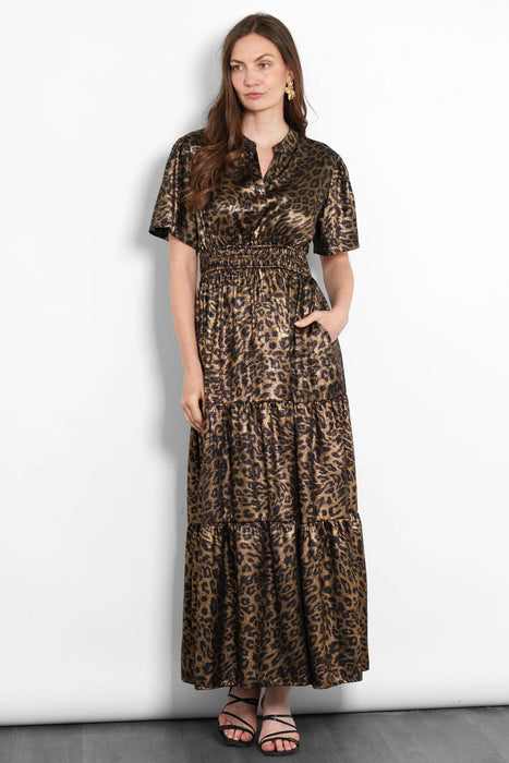 Gold Metallic Leopard Tiered Maxi Dress