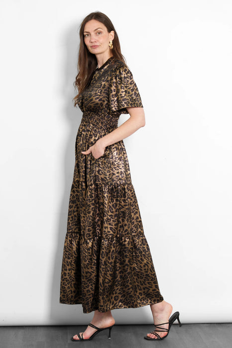 Gold Metallic Leopard Tiered Maxi Dress