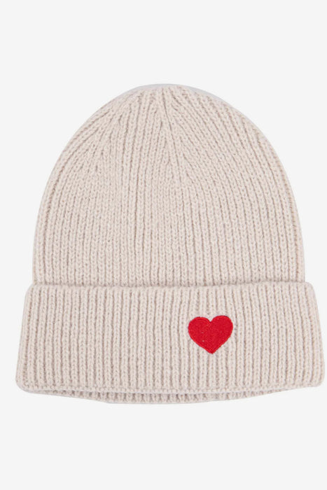 Cream Love Heart Embroidered Beanie Hat