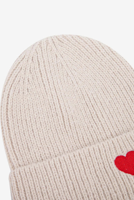 Cream Love Heart Embroidered Beanie Hat