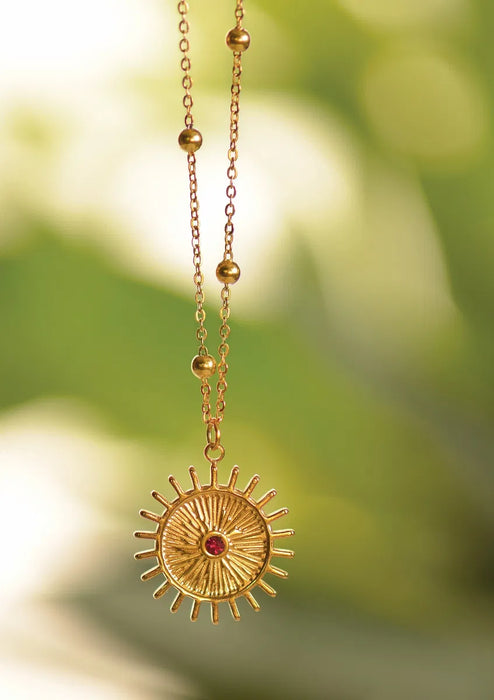Gold Ruby Sun Pendant Necklace