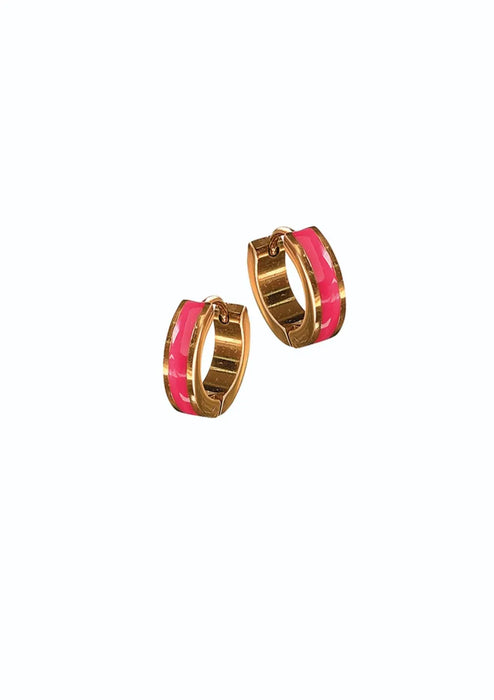 Gold Huggie Earrings with Enamel Stripe