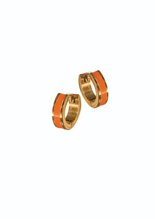 Gold Huggie Earrings with Enamel Stripe