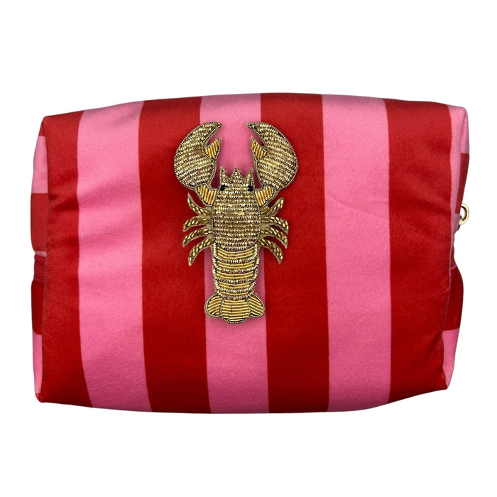 Pink Stripe make-up Bag & Gold Lobster Brooch