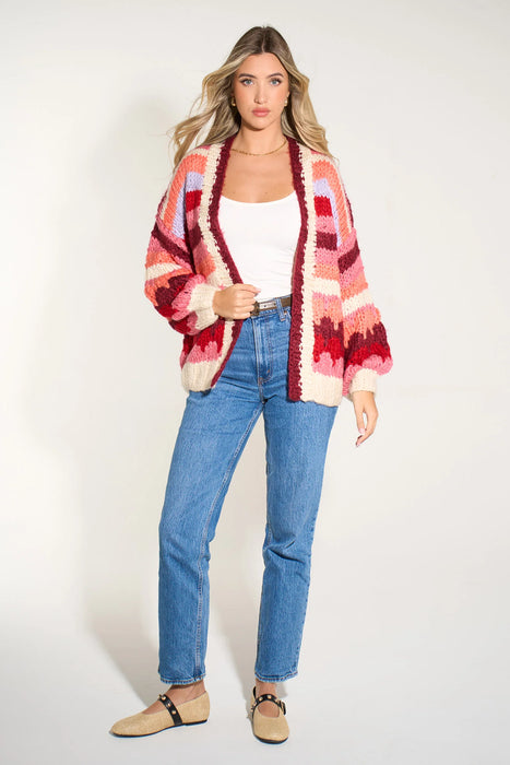 Hand Knitted Cardigan in Berry/Red