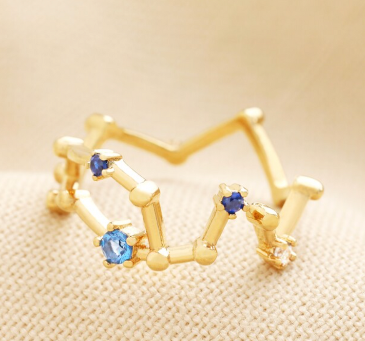 Adjustable Blue Crystal Constellation Ring in Gold