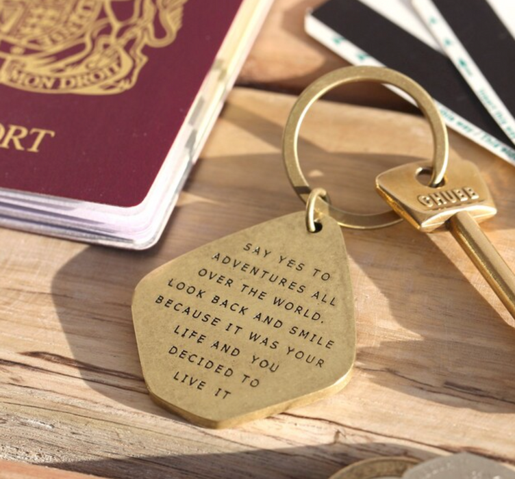 'Say Yes To Adventure' Antiqued Brass Keyring