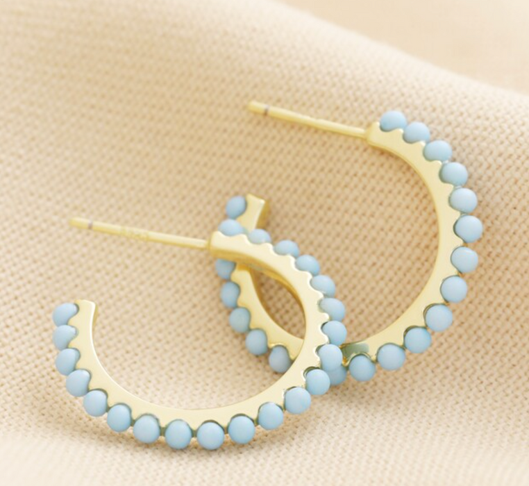 Blue Stone Hoop Earrings in Gold