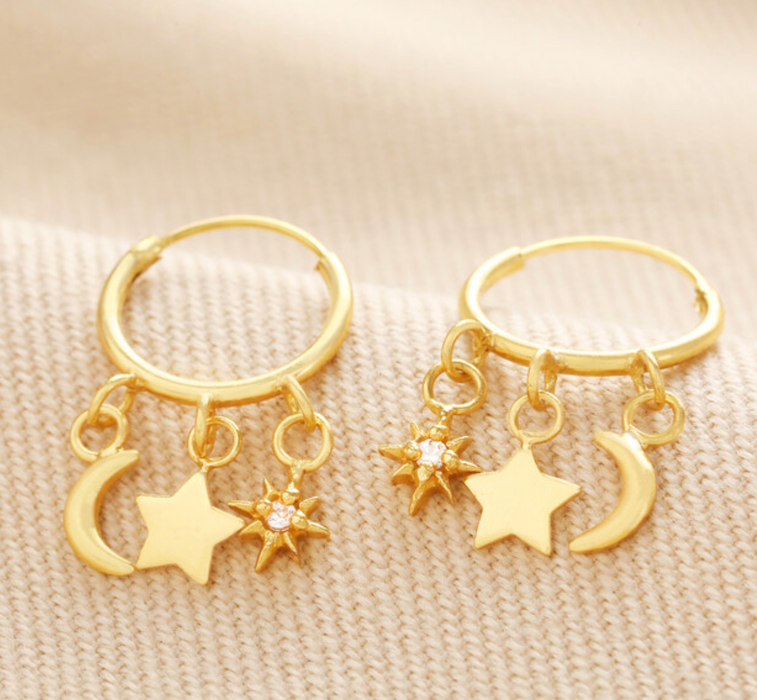 Gold Sterling Silver Celestial Charm Huggie Hoop Earrings