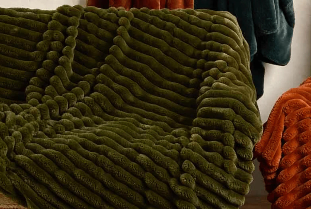 Olive Green Ribbed Faux Fur Throw