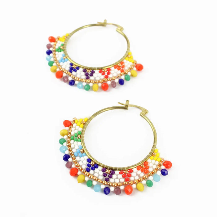 Rainbow Round Beaded Hoop Earrings