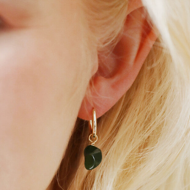 African Jade Stone Hoop Earrings in Gold