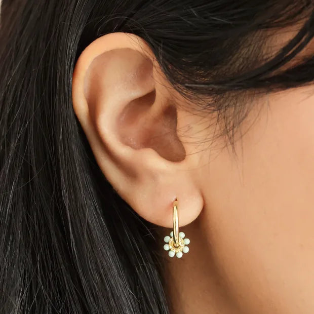Green Beaded Flower Charm Huggie Hoops in Gold