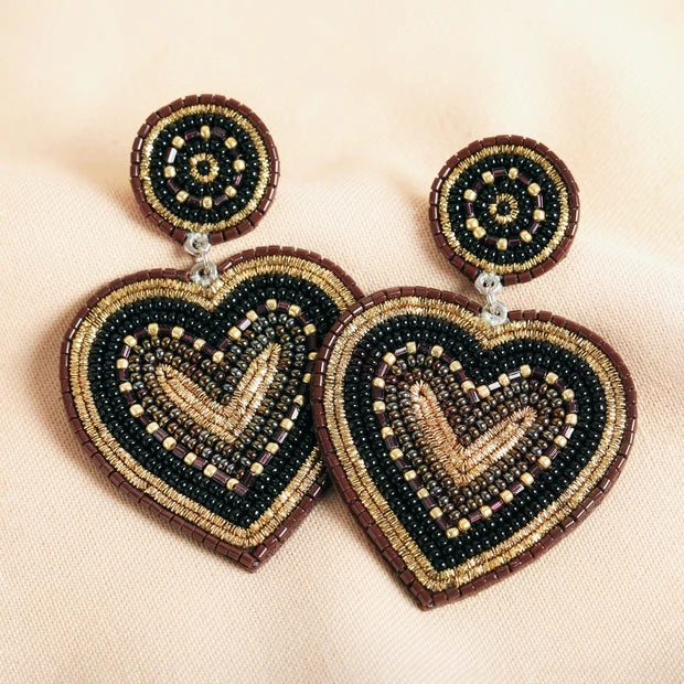 Black Beaded Heart Drop Earrings