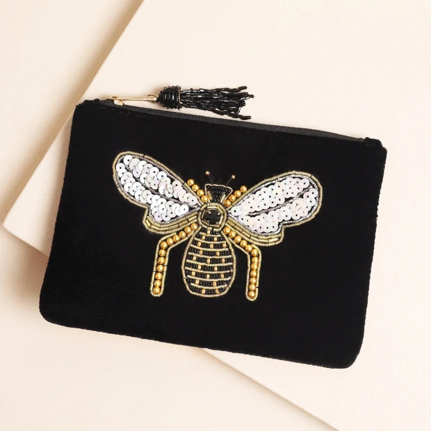 Black Velvet Bee Embroidered Pouch