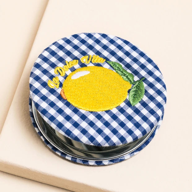 Blue Gingham La Dolce Vita Lemon Fabric Compact Mirror