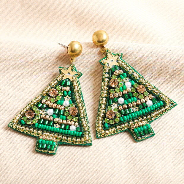 Christmas Tree Beaded Drop Stud Earrings