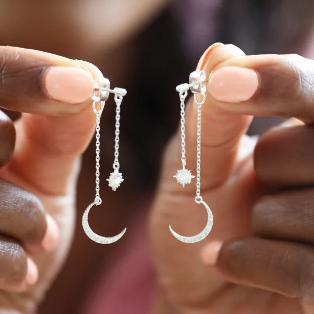 Crystal Star and Moon Double Drop Earrings in Silver