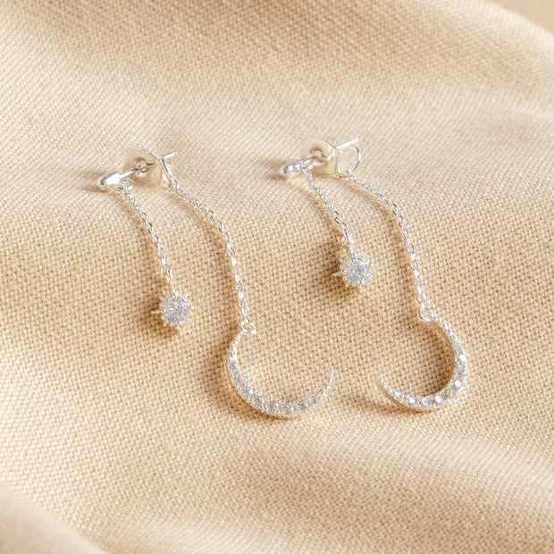 Crystal Star and Moon Double Drop Earrings in Silver