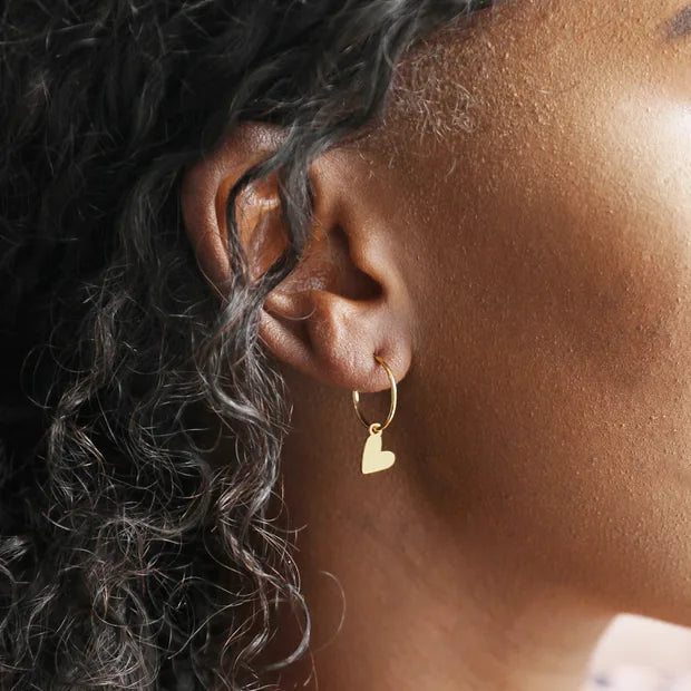 Gold Falling Heart Charm Hoop Earrings