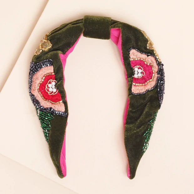Green Velvet Embroidered Headband