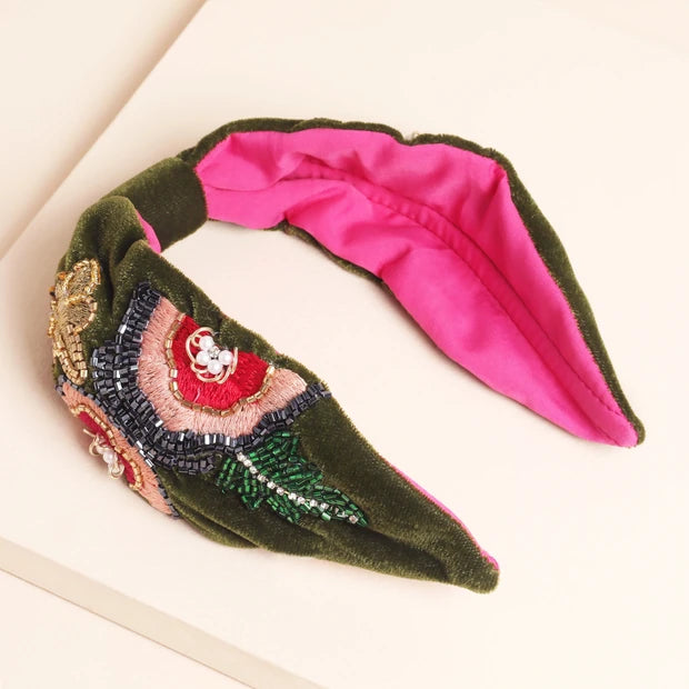 Green Velvet Embroidered Headband