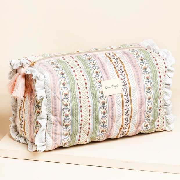 Large Sage and Pink Vintage Floral Quilted Wash Bag