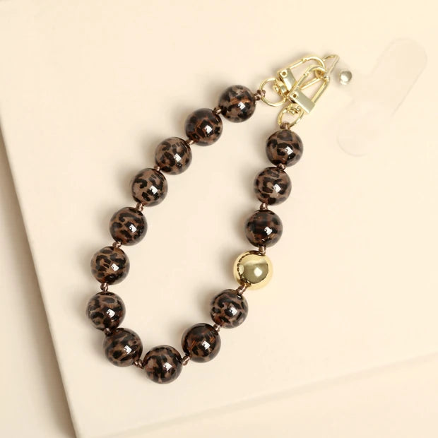 Leopard Print Beaded Phone Charm Wrist Strap Chain in Gold