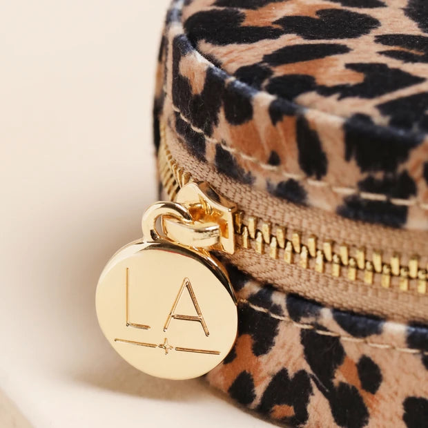 Leopard Print Velvet Round Travel Jewellery Case